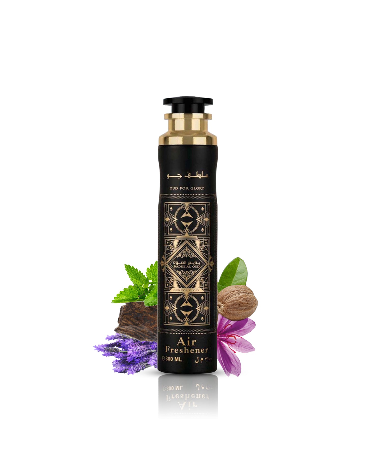 Badee Al Oud oud for glory air freshner bottle surrounded by nutmeg saffron against white background