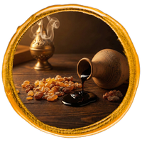 Wooden table with balsam, resins, and a smoking incense burner on a wooden surface.