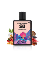 bangkok bang perfume bottle surrounded by fragrance notes like dates and spices shows against white background