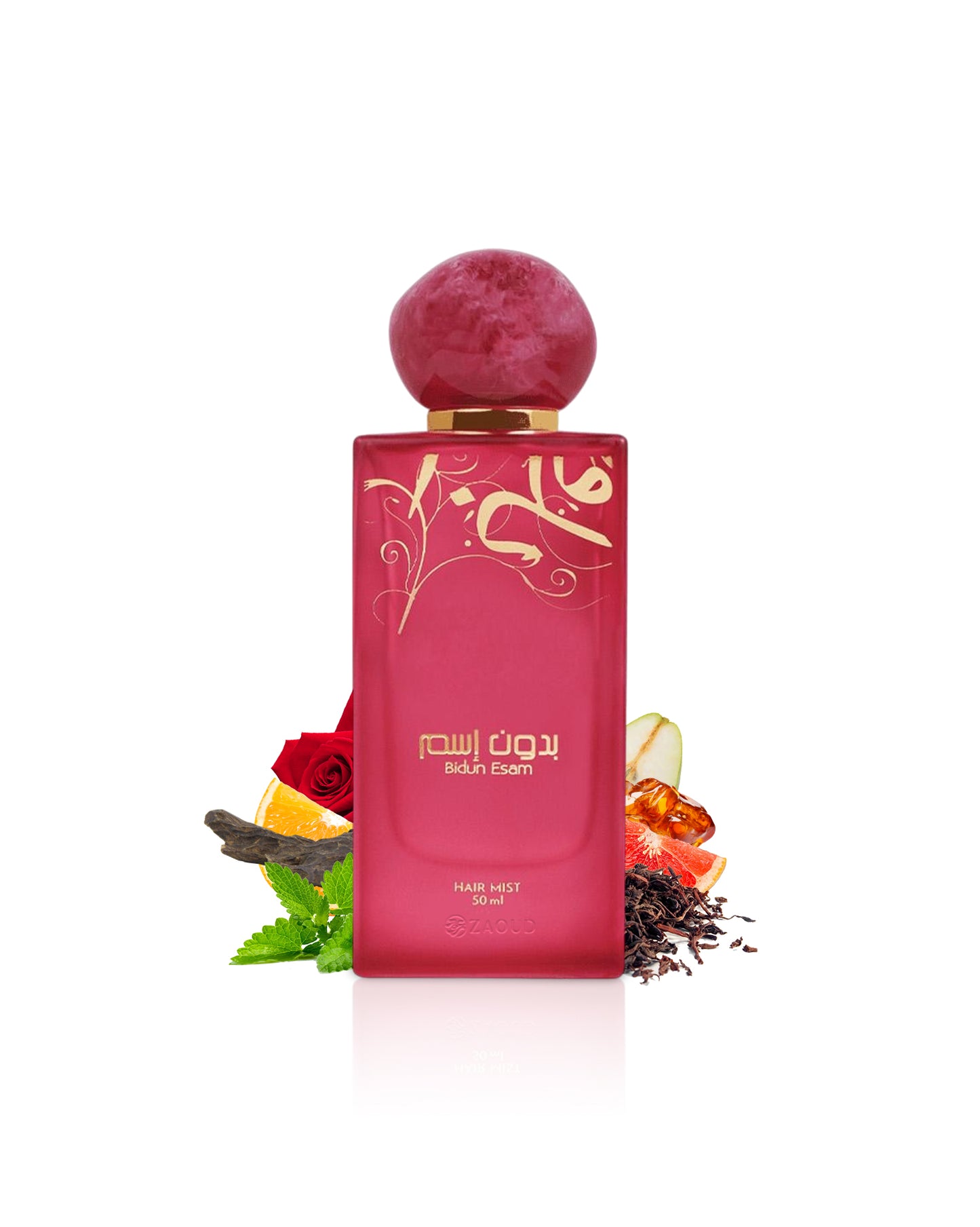 bidun esam hair mist bottle surrounded by fragrance notes like rose and amber shows against white background