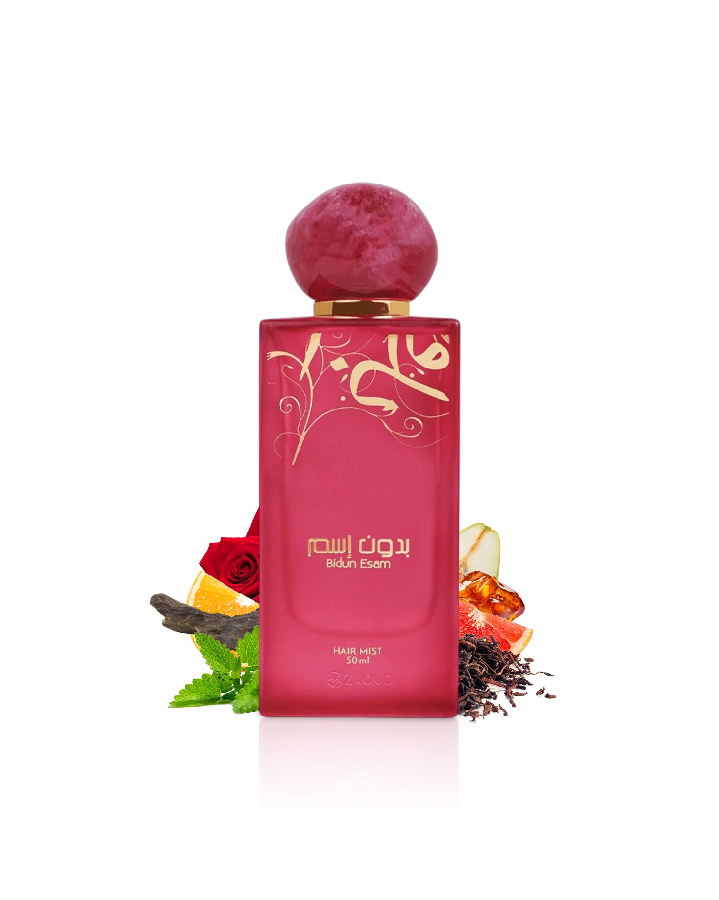 bidun esam hair mist bottle surrounded by fragrance notes like rose and amber shows against white background
