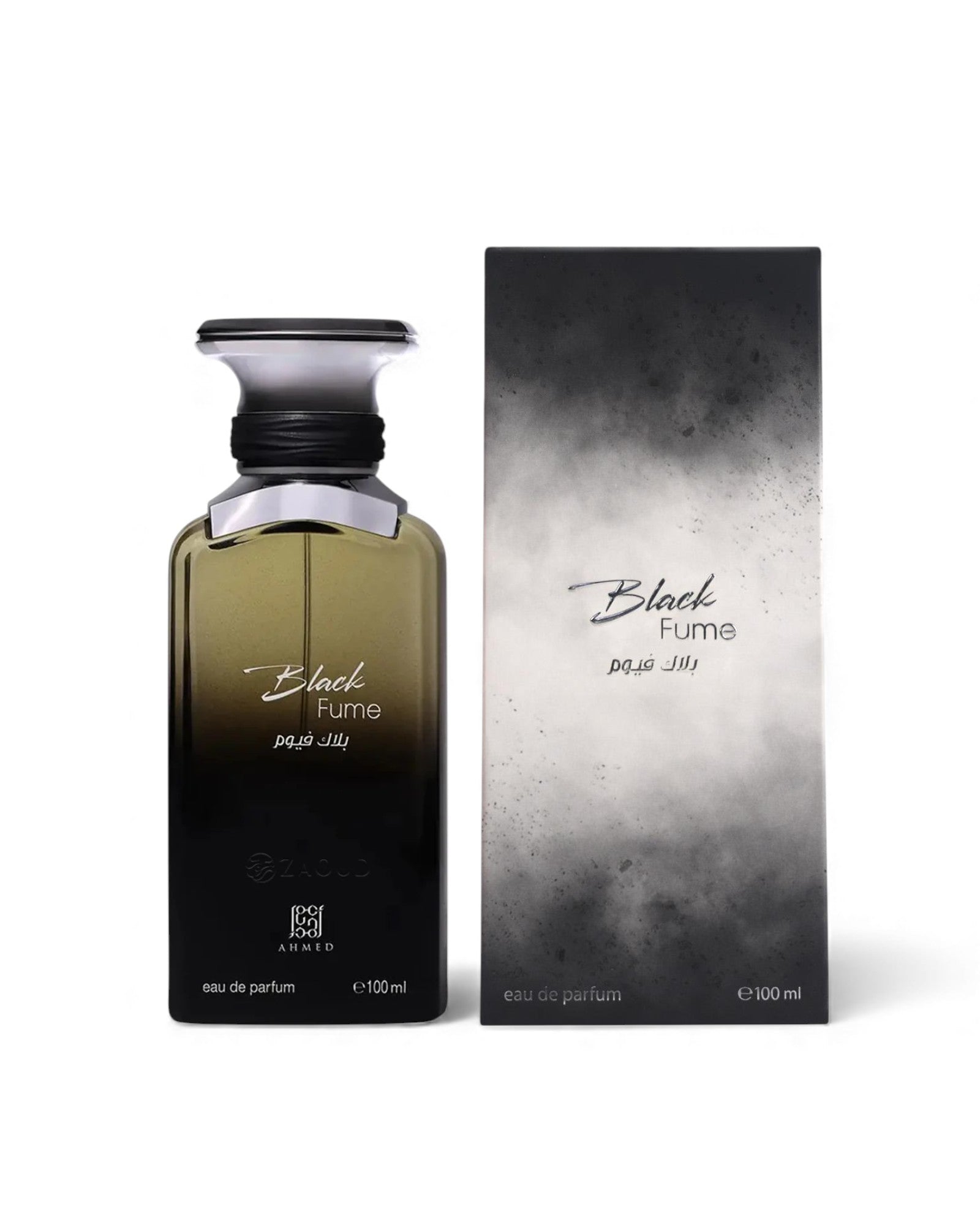 Perfume bottle and packaging of 'Black Fume' on a white background