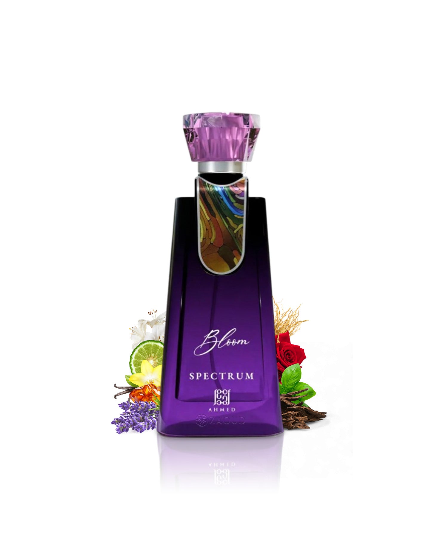 bloom spectrum by ahmed perfume bottle surrounded by fragrance notes like lavender and rose  shows against white background