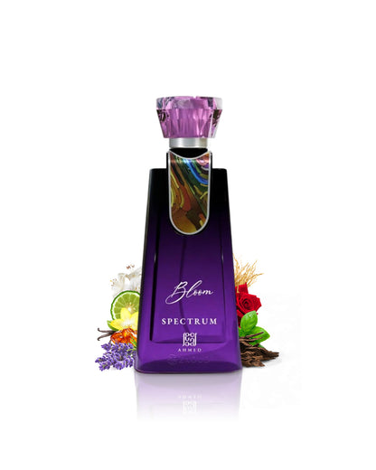 bloom spectrum by ahmed perfume bottle surrounded by fragrance notes like lavender and rose  shows against white background