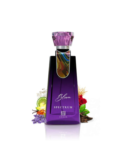 bloom spectrum by ahmed perfume bottle surrounded by fragrance notes like lavender and rose  shows against white background