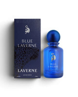 blue laverne perfume bottle shows beside its box against white background