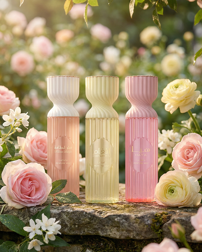 Three floral body mist bottles on a stone surface with flowers in the background