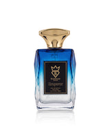 A faceted glass bottle of bujairami Emperor perfume, featuring a vibrant blue gradient body, a polished gold cap, and a black label with gold lettering, set against a clean white background with a subtle reflection.