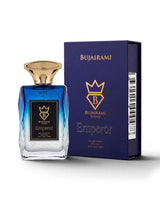 Bujairami Sydney Emperor cologne bottle with a blue gradient and gold cap, shown next to its dark blue packaging box with gold lettering.