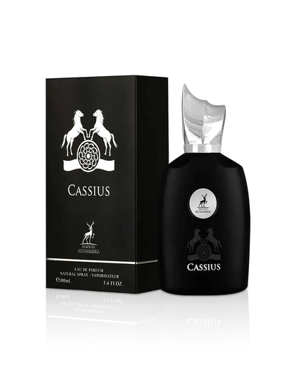 cassius by maison alhambra perfume bottle shows beside its box against white background