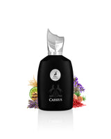 cassius by maison alhambra perfume bottle surrounded with its ingredients like lavender and saffron with many others shows from behind the botle against white background