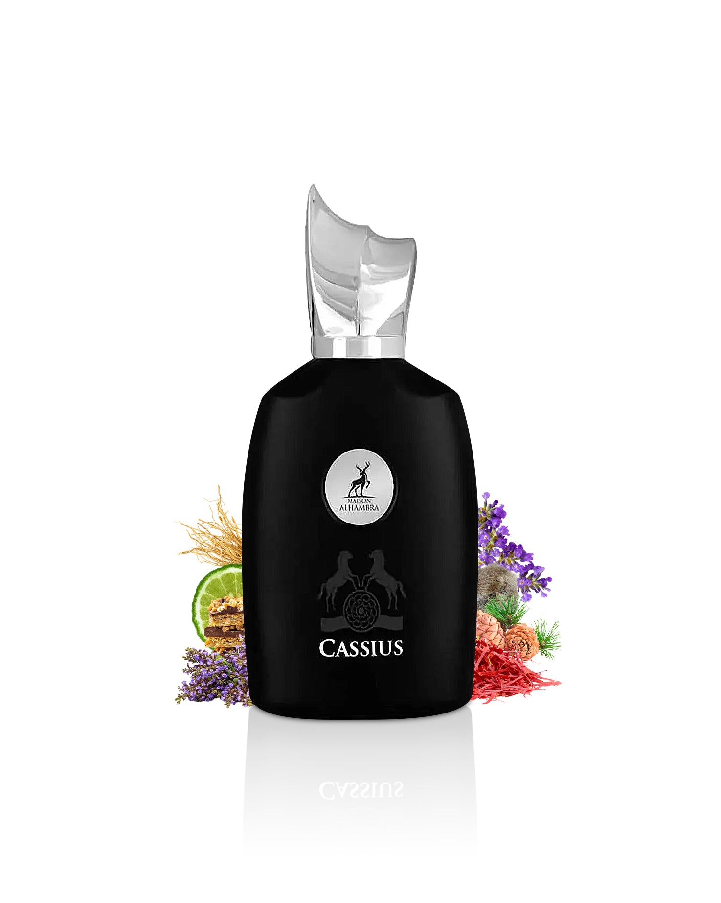 cassius by maison alhambra perfume bottle surrounded with its ingredients like lavender and saffron with many others shows from behind the botle against white background