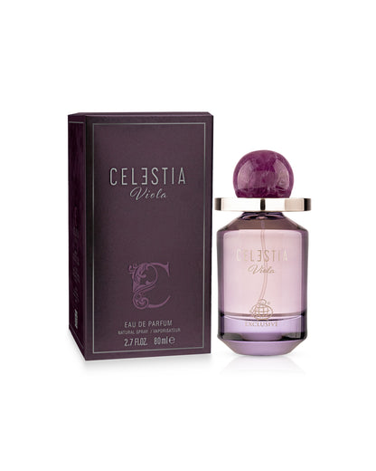 celestia viola by fragrance world perfume bottle shows beside its box  against white background