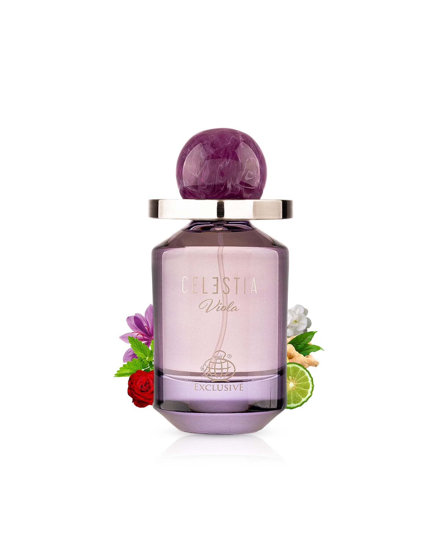 celestia viola by fragrance world perfume bottle surrounded with its ingredients like rose and saffron with many others shows from behind the bottle against white background