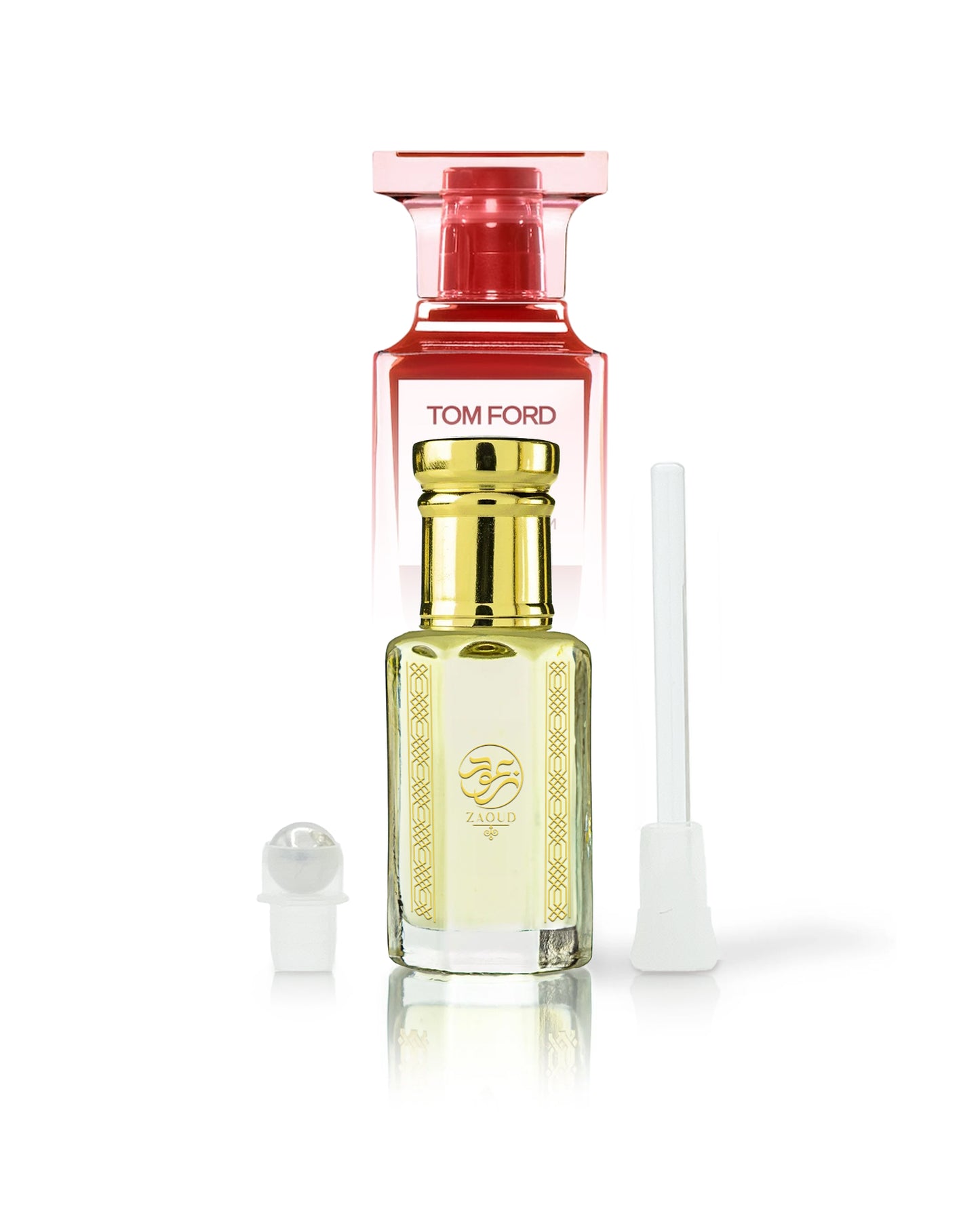 CHERRIQUE Electric Cherry  perfume oil bottle shows roller and stick beside with tom ford bottle behind against white background