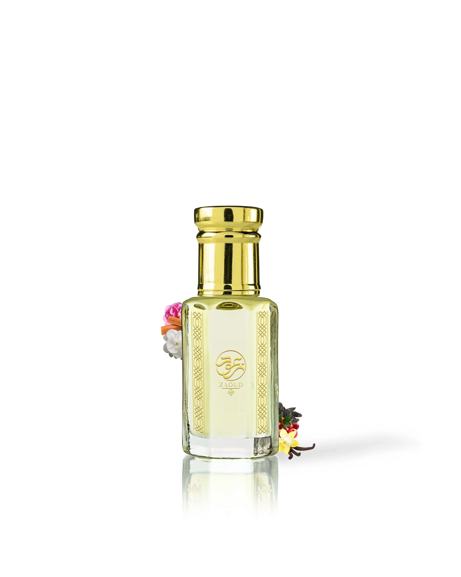 CHERRIQUE Electric Cherry  perfume oil bottle surrounded with fragrance notes like vanilla and jasmine against white backgrund