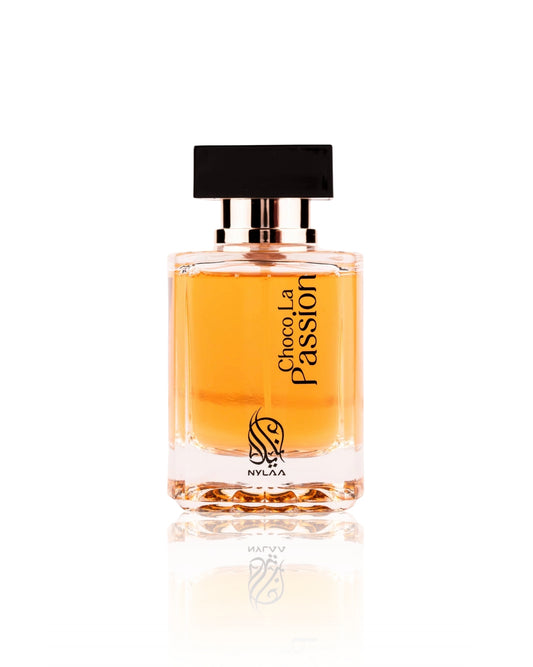 Perfume bottle labeled 'Choco La Passion' by Nylaa on a white background