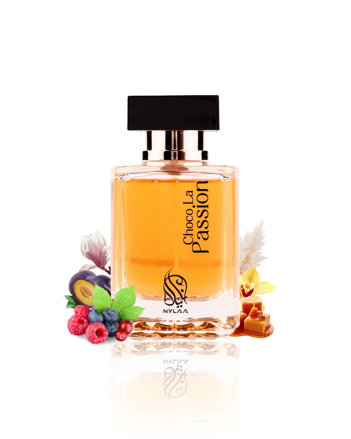 CHOCO LA PASSION EDP perfume bottle surrounded by caramel vanilla against white background