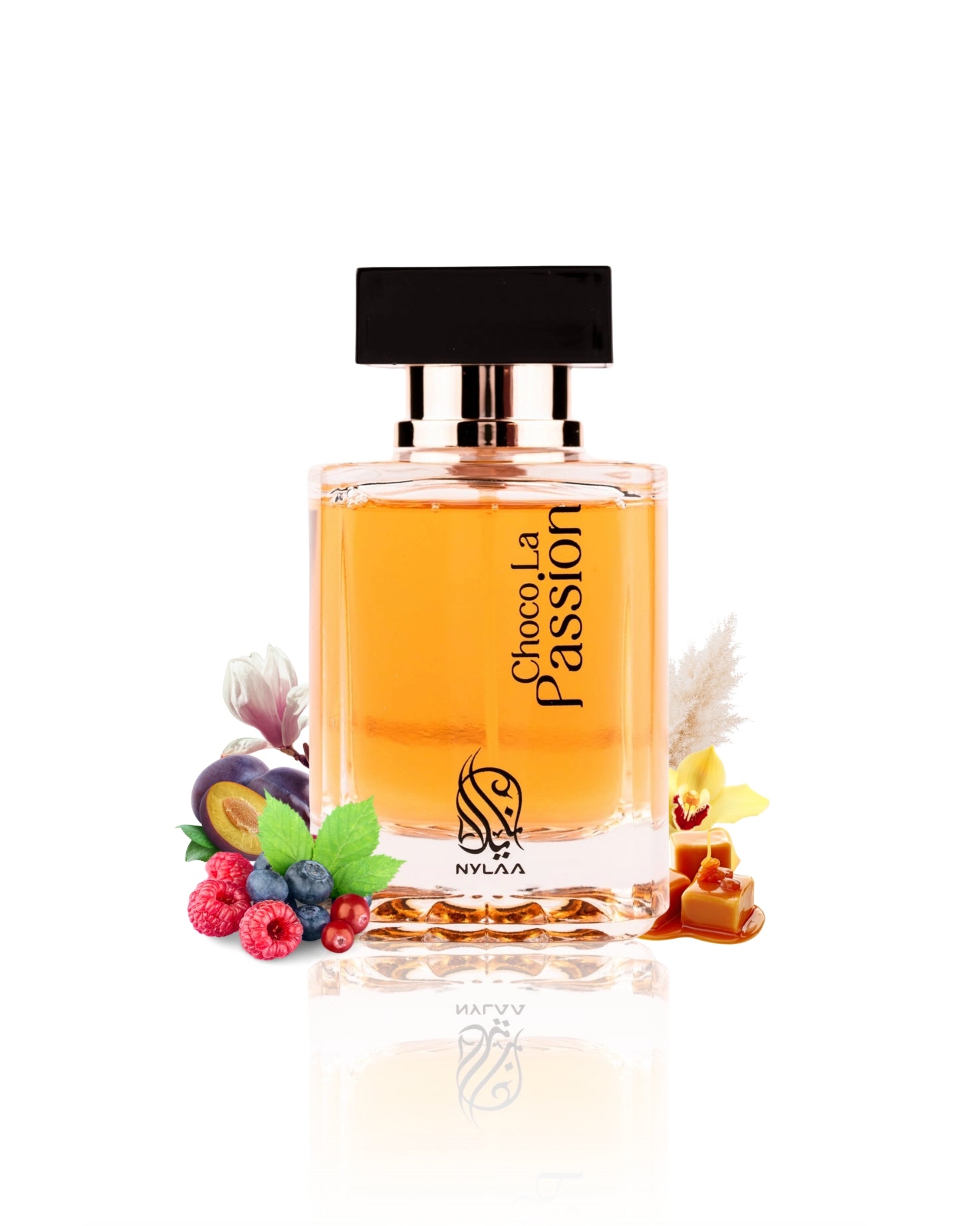 CHOCO LA PASSION EDP perfume bottle surrounded by caramel vanilla against white background