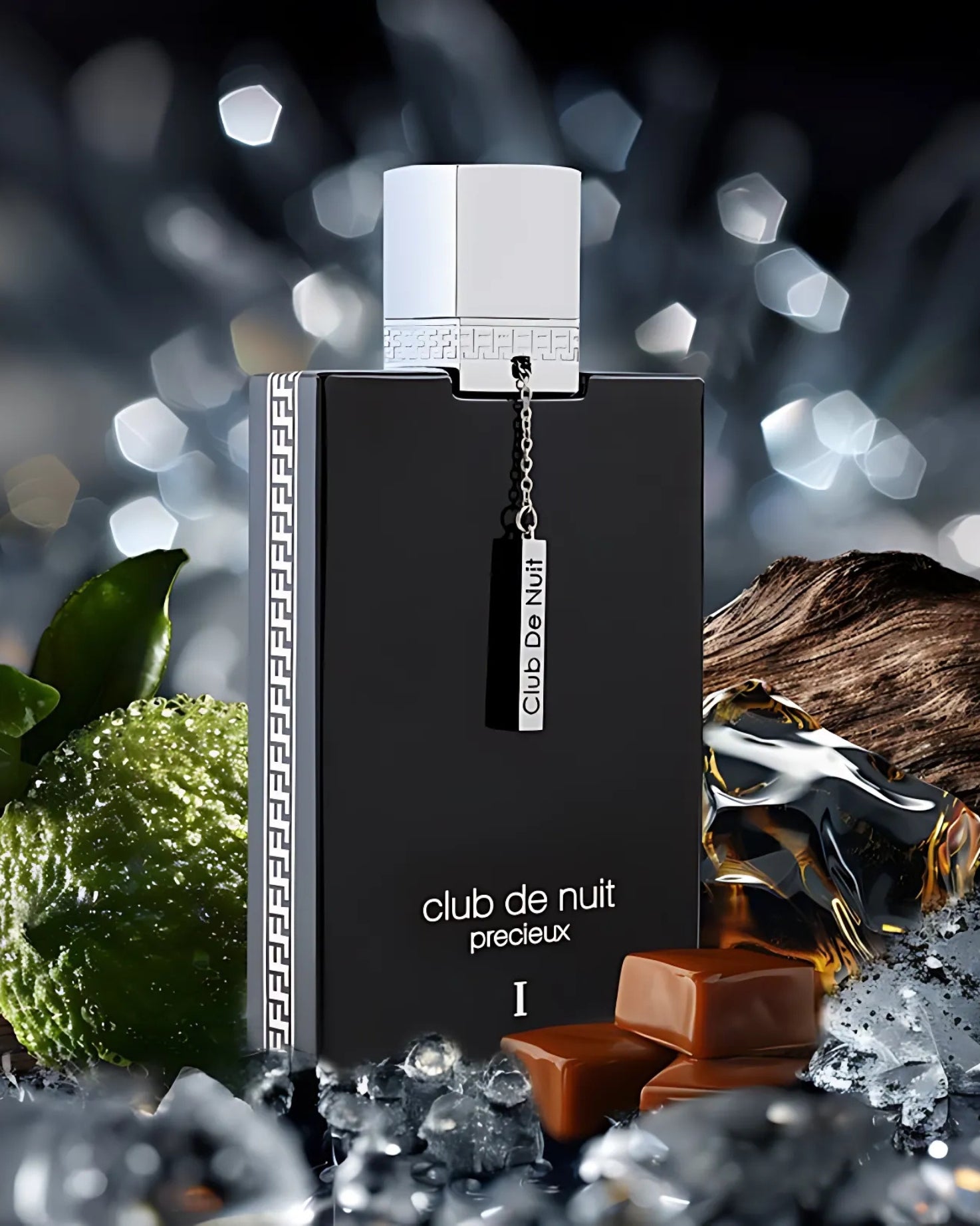 CLUB DE NUIT PRECIEUX 1 perfume bottle photograph surrounded by caramel and bergamot and ice cubes against blurry background