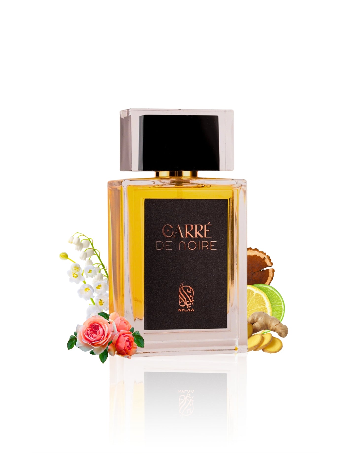 Carre de noire edp perfume bottle surrounded by rose ginger against white background