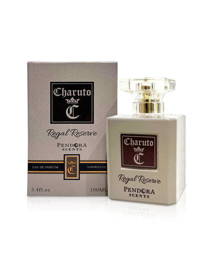 charuto regal reserve perfume bottle shows beside its box against white background