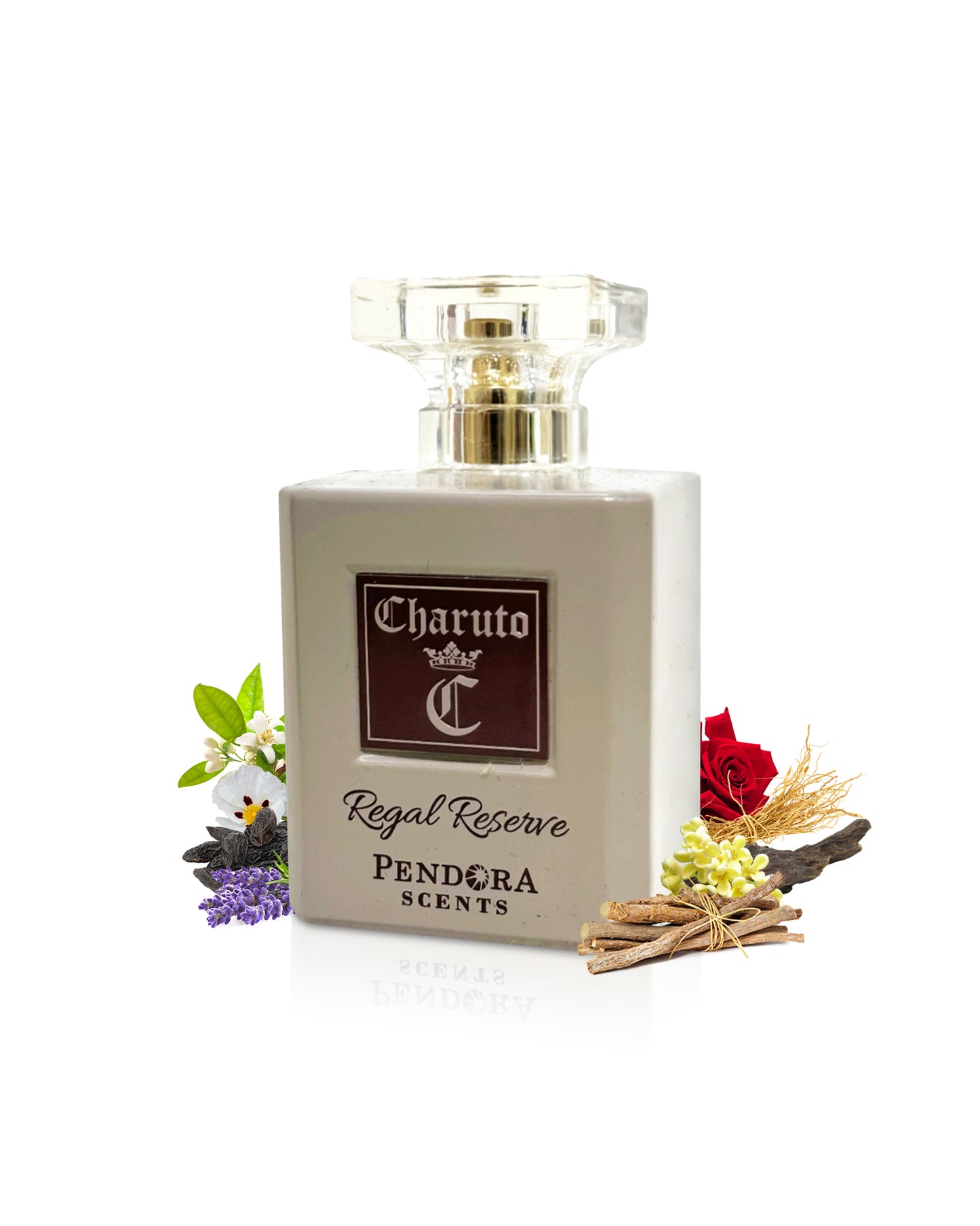 charuto regal reserve perfume bottle surrounded with its ingredients like lavender and rose with many others like vanilla and tobacco shows against white background