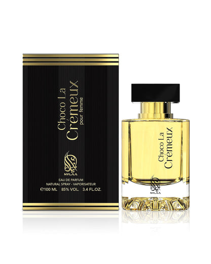 nylaa choco la cremeux perfume bottle shows beside its box against white background