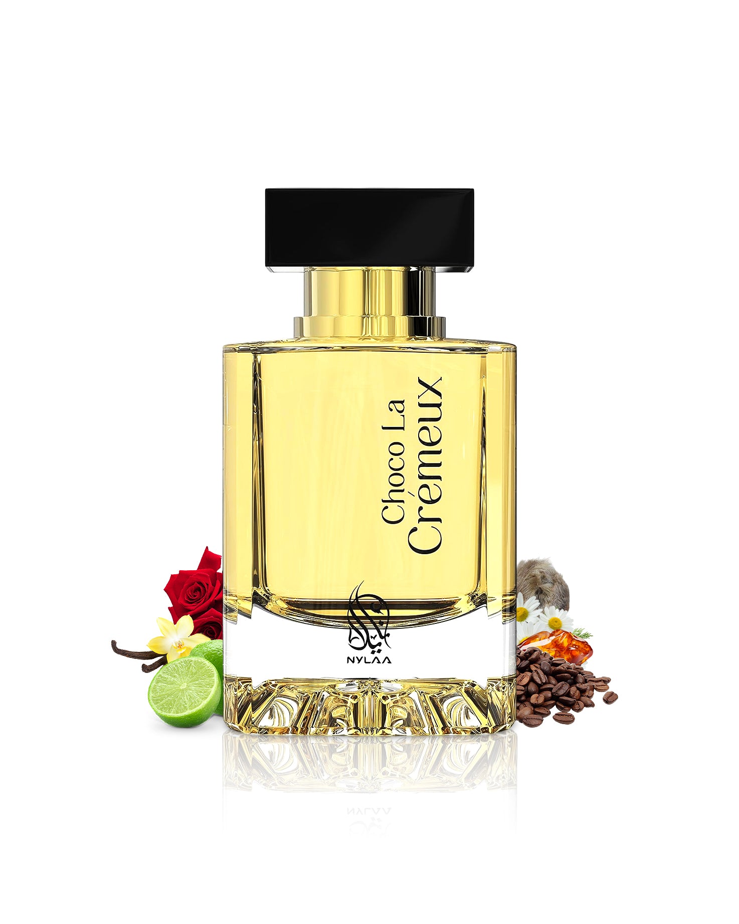 nylaa choco la cremeux perfume bottle surrounded with fragrance notes like vanilla and rose shows from behind the bottle against white background