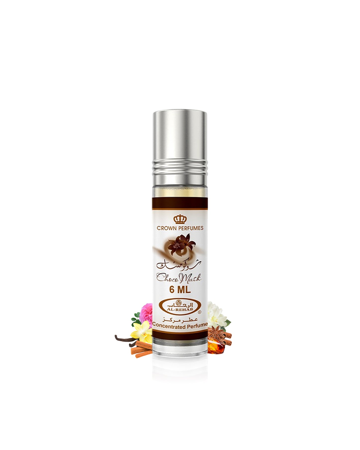 choco musk perfume oil bottle surrounded with fragrance notes like vanilla and rose shows against white background