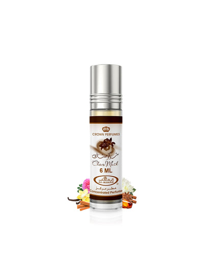 choco musk perfume oil bottle surrounded with fragrance notes like vanilla and rose shows against white background