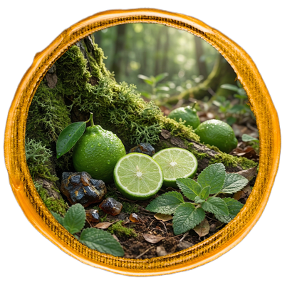 Lime fruits with leaves on a natural background inside a wooden frame