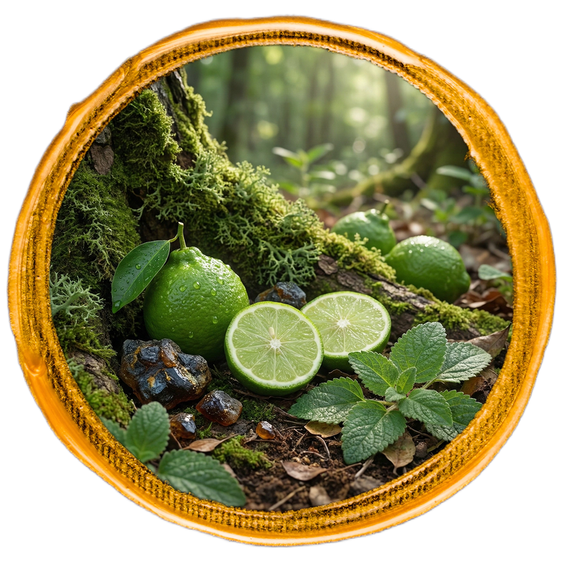 Lime fruits with leaves on a natural background inside a wooden frame