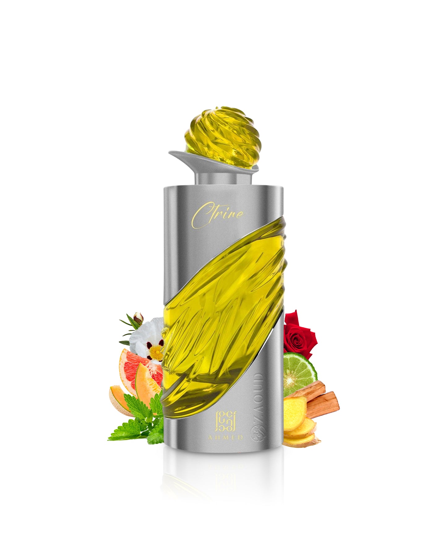 ahmed al aghribi ctrine perfume bottle surrounded by fruits and ginger shows against white background