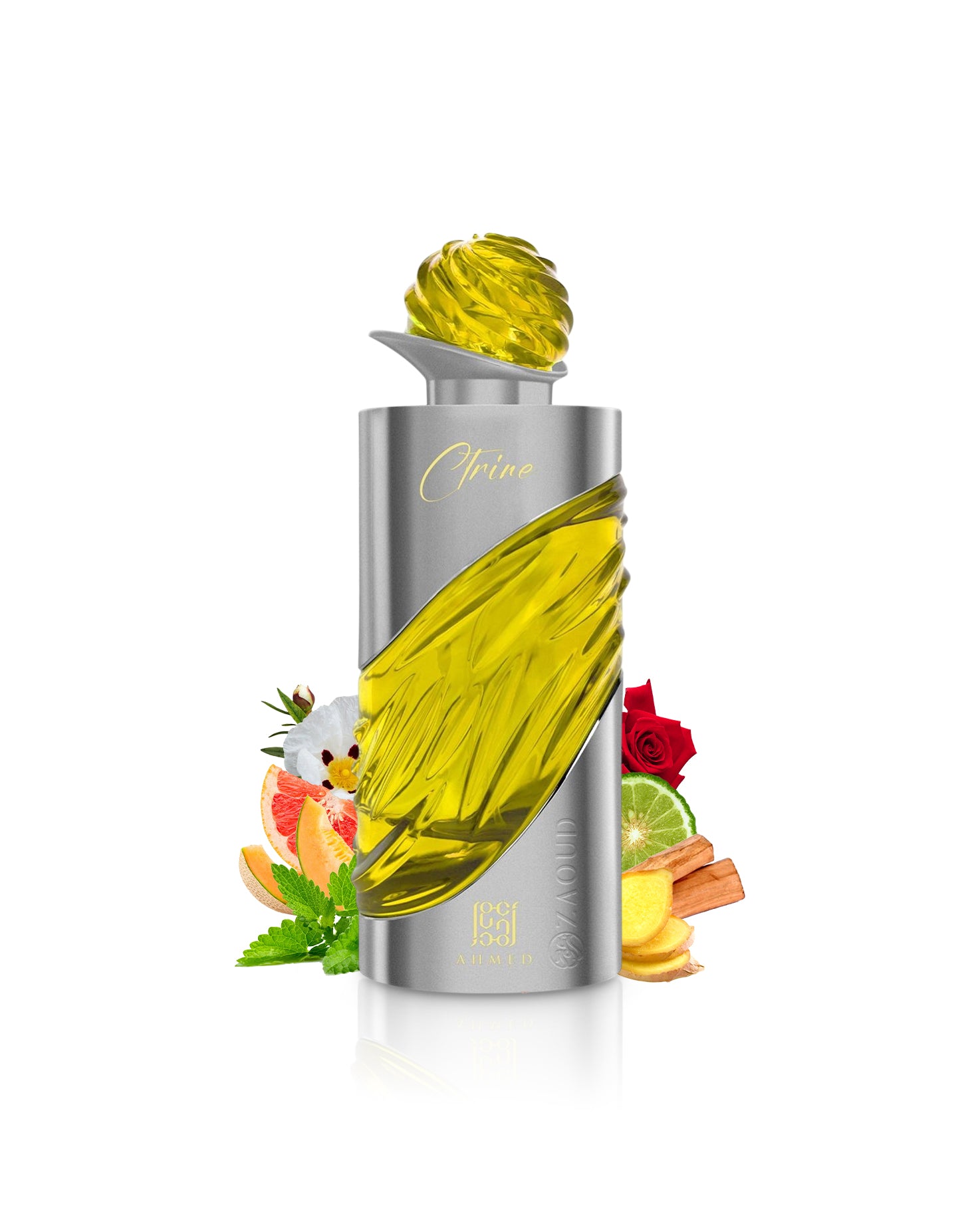 ahmed al aghribi ctrine perfume bottle surrounded by fruits and ginger shows against white background