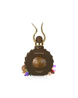 lattafa classic stone perfume bottle surrounded with fragrance notes like saffron and violet shows against white background 