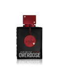 Armaf Club de Nuit Intense Overdose perfume bottle, featuring a matte black rectangular body with a metallic red cap and a hanging red circular medallion, set against a plain white background with a soft reflection.