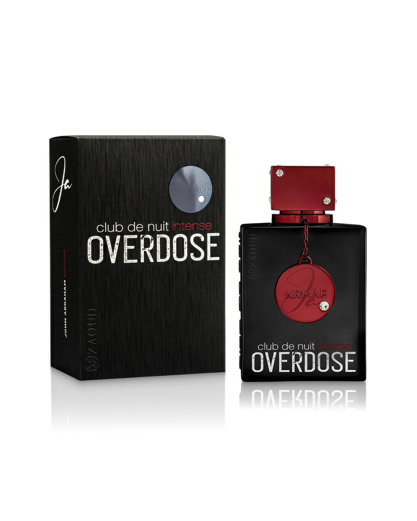 armaf club de nuit intense overdose perfume bottle shows beside its packaging against white background