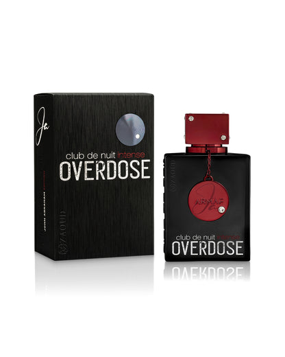 armaf club de nuit intense overdose perfume bottle shows beside its packaging against white background