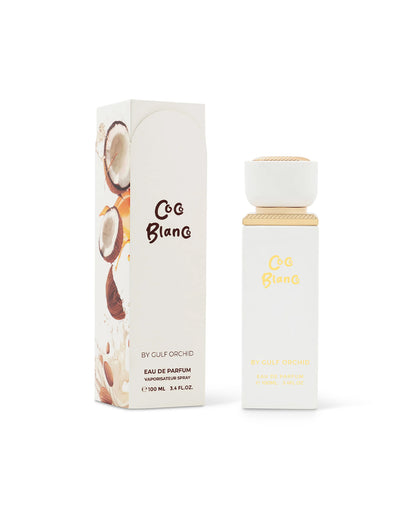 gulf orchid coco blanco perfume white bottle shows beside its box against white background