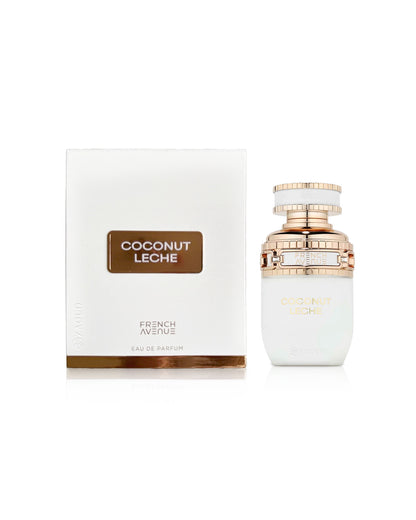 french avenue coconut leche perfume bottle shows beside its box against white background