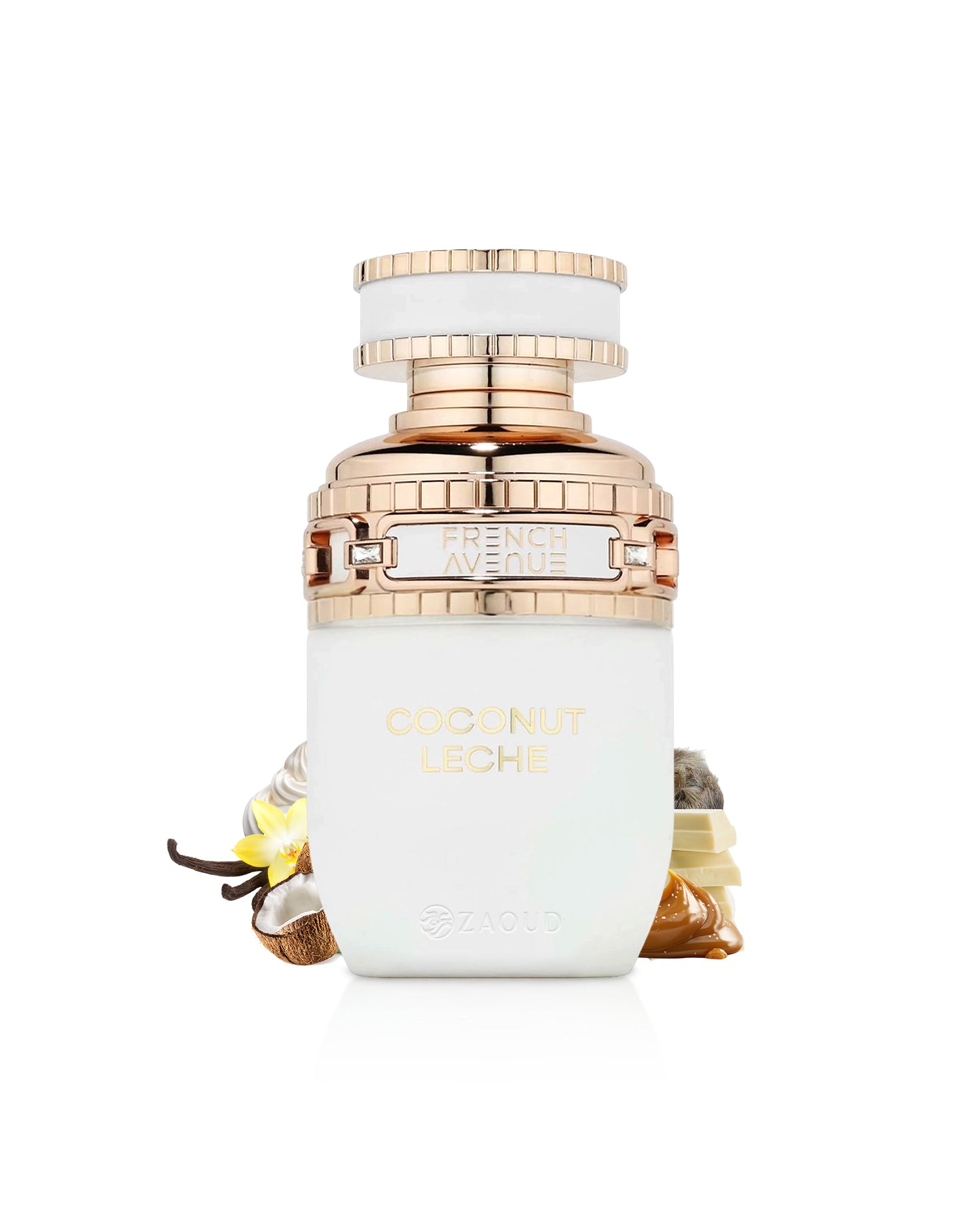 french avenue coconut leche perfume bottle surrounded with fragrance notes like coconut and vanilla shows against white background