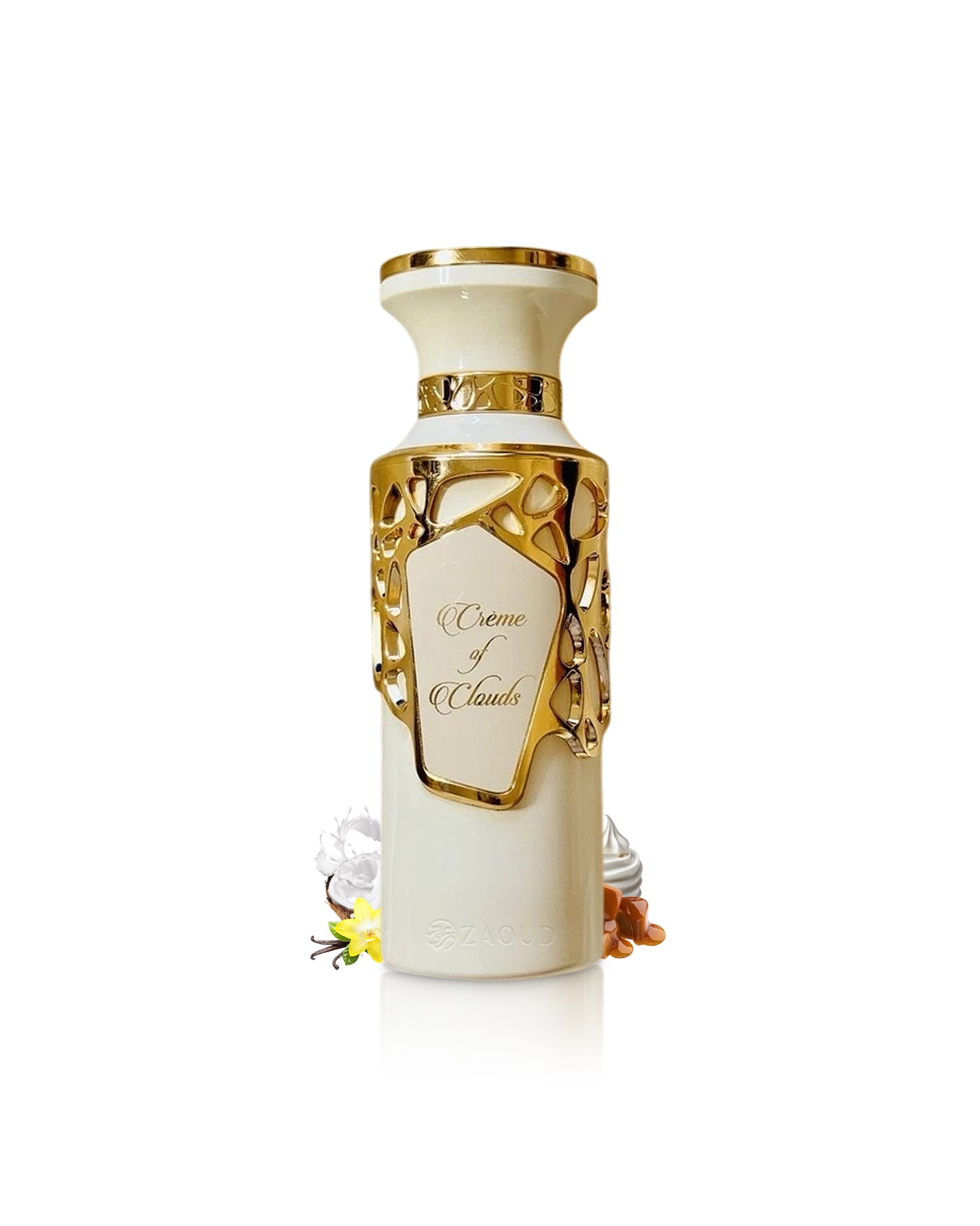 fragrance world creme of clouds perfume bottle surrounded with fragrance notes like vanilla and cream shows against white background