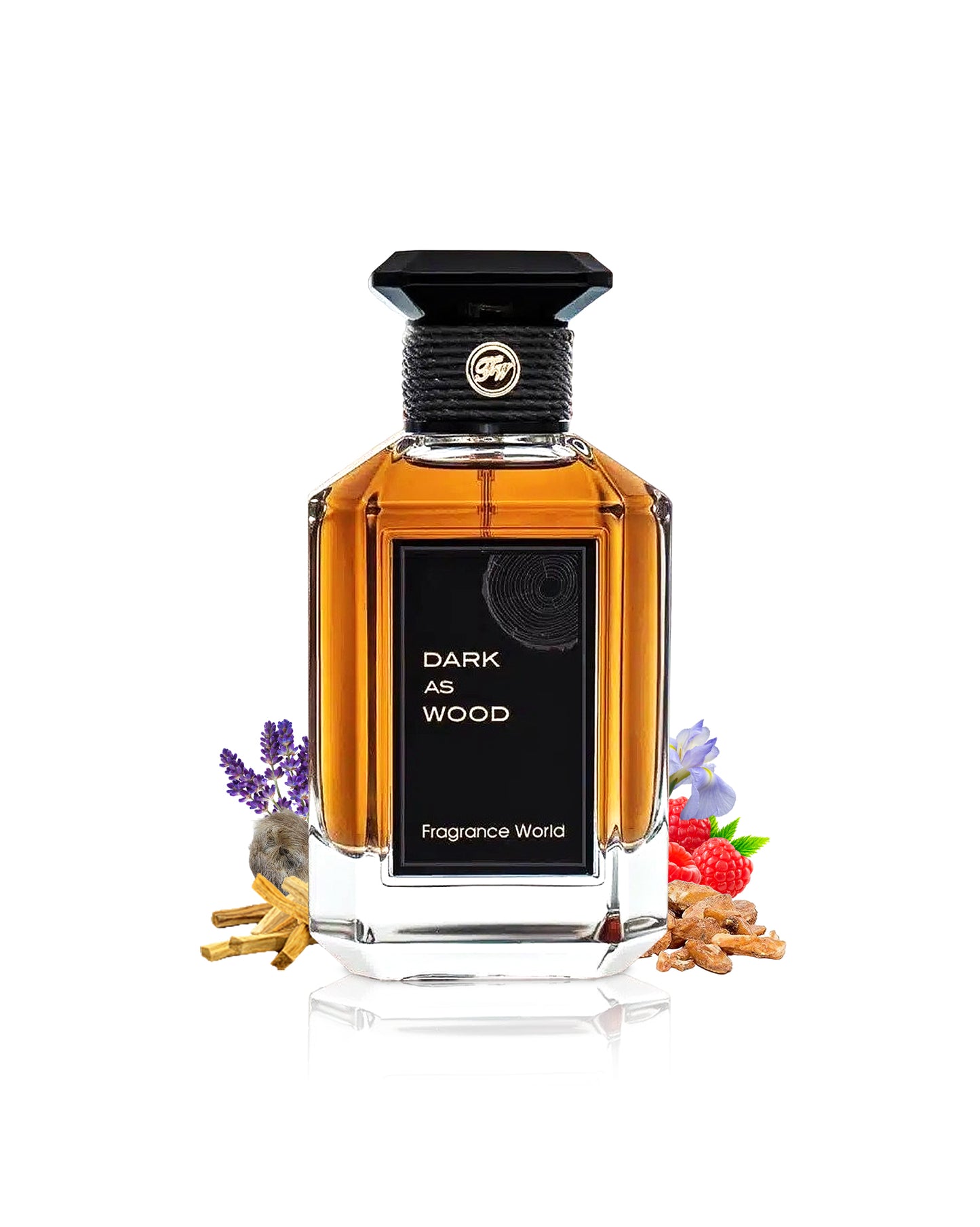 fragrance world dark as wood perfume bottle surrounded with fragrance notes like barries and lavender shows from behind the bottle against white background