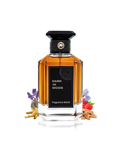 fragrance world dark as wood perfume bottle surrounded with fragrance notes like barries and lavender shows from behind the bottle against white background