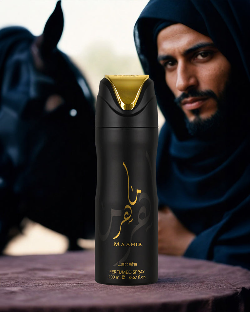 Lattafa DEODORANT ARABIAN bottle with young arabian man beside black arabian horse in the background