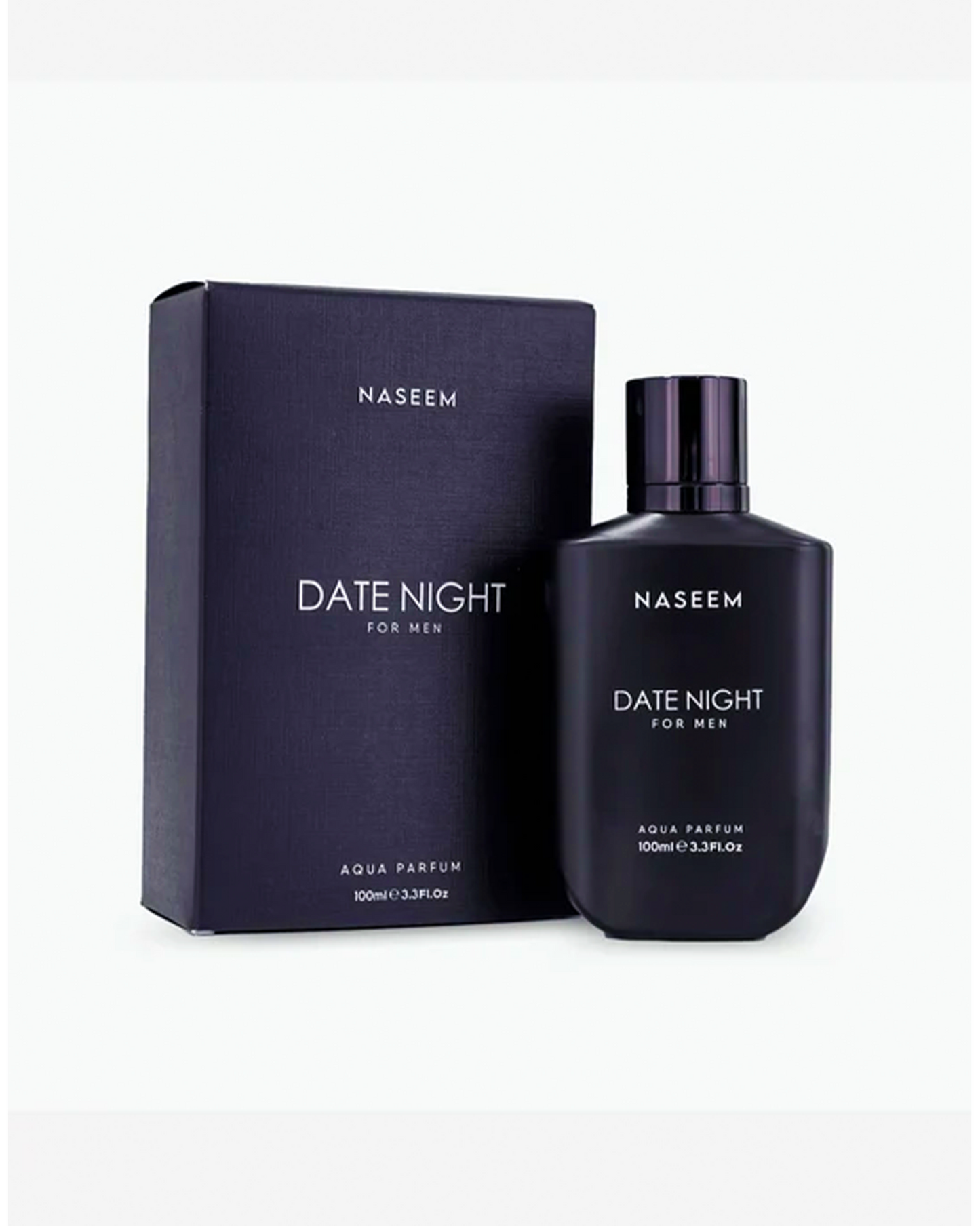 date night for men by naseem perfume black colour bottle beside its box shows against white background