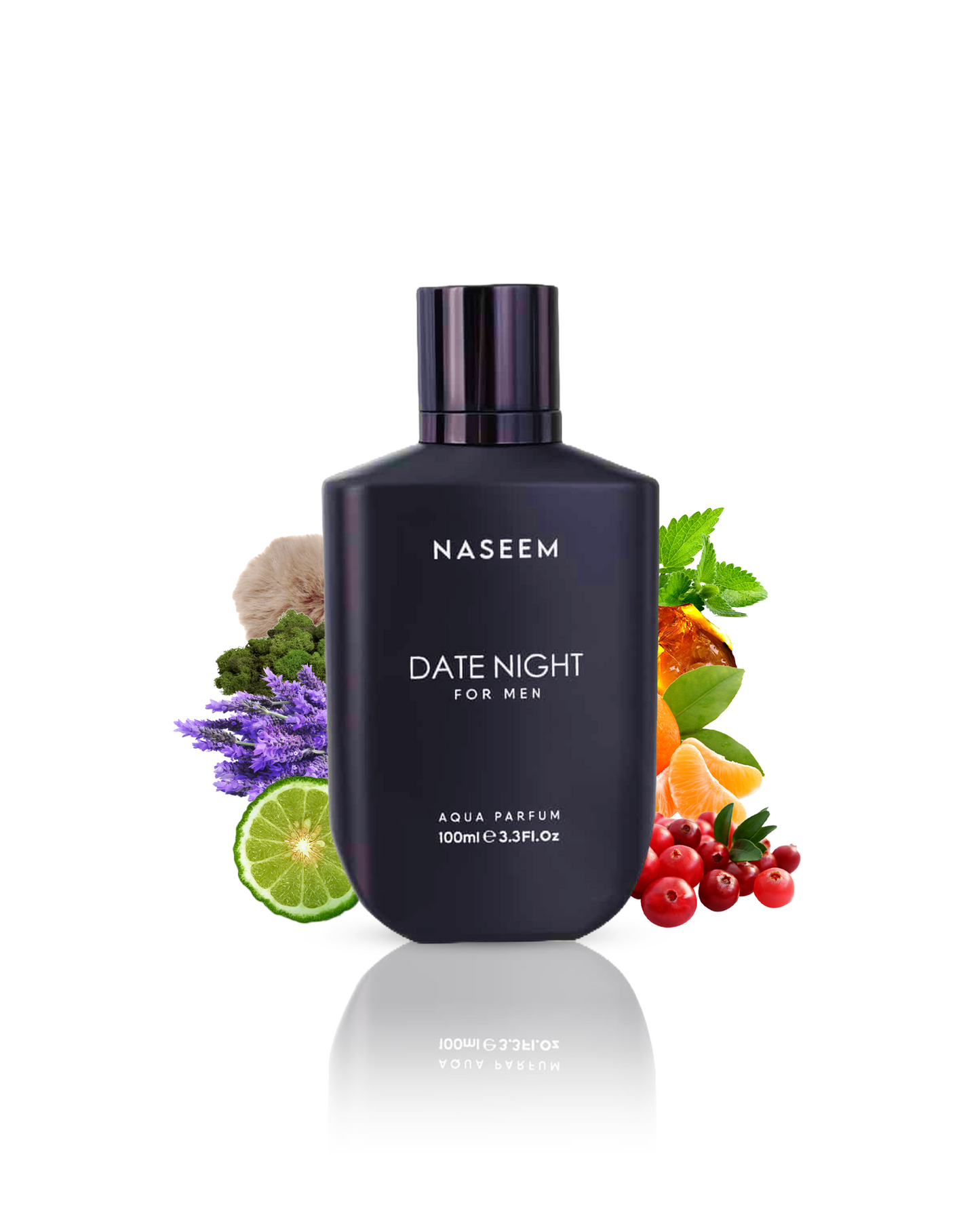 date night for men by naseem perfume black colour bottle surrounded with it's ingredients like bergamot and lavender with many more shows against white background 