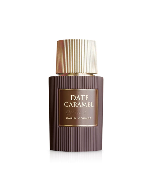 paris corner date caramel perfume bottle shows against white background