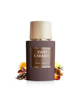 paris corner date caramel perfume bottle surrounded with fragrance notes like like dates and coffee shows against white backgrounds